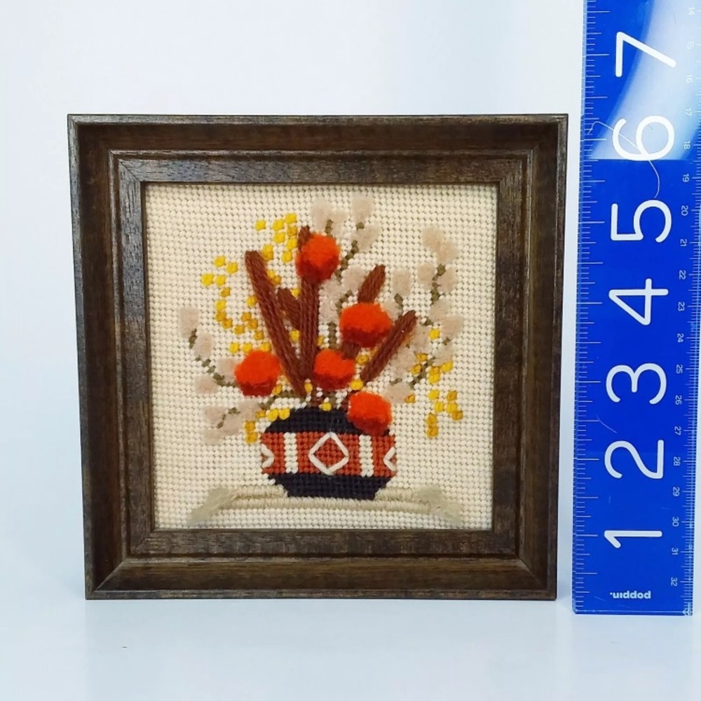 Vtg 70s Sunset Designs Framed Art Flowers Needlepoint Boho Southwestern Fall